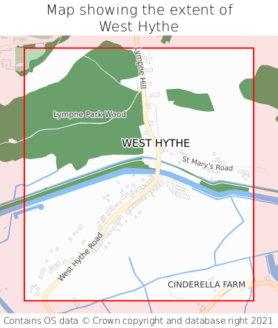 Map showing extent of West Hythe as bounding box