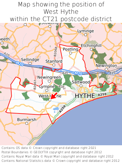 Map showing location of West Hythe within CT21