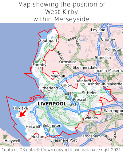 Map showing location of West Kirby within Merseyside