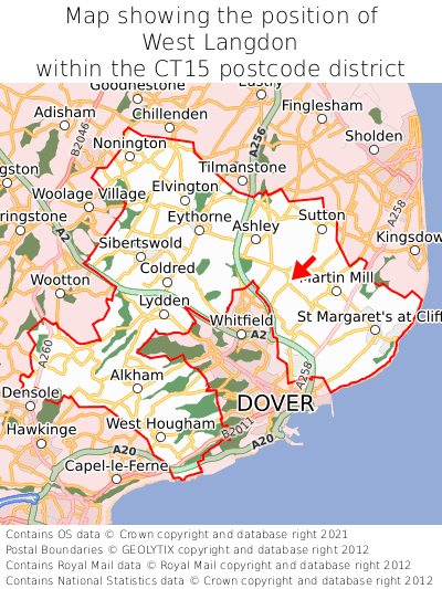 Map showing location of West Langdon within CT15