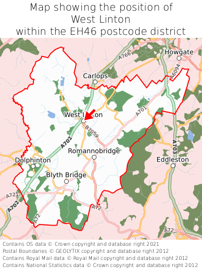 Map showing location of West Linton within EH46