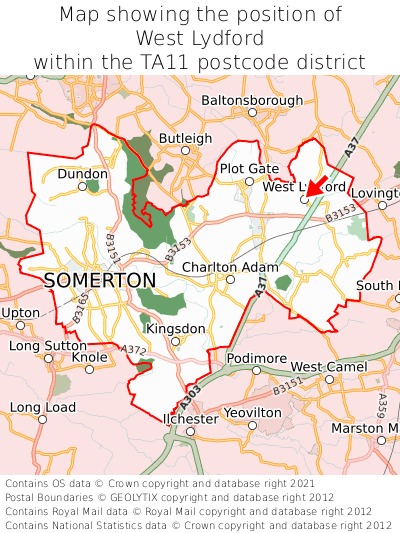 Map showing location of West Lydford within TA11