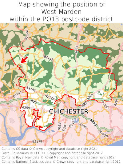 Map showing location of West Marden within PO18