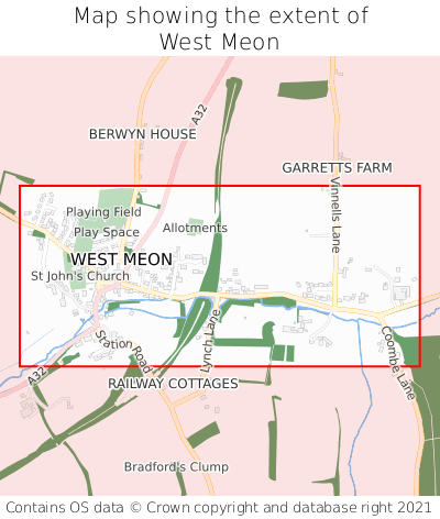 Map showing extent of West Meon as bounding box