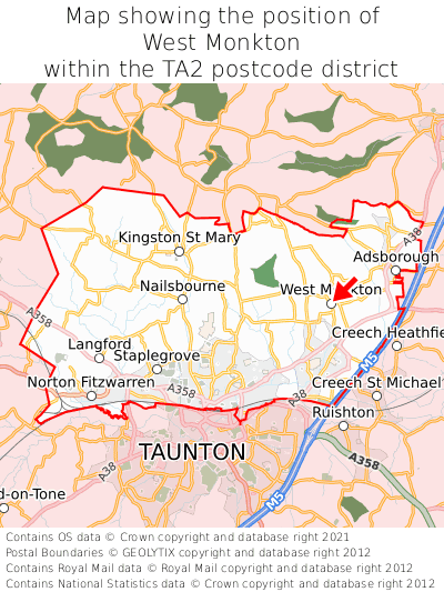 Map showing location of West Monkton within TA2