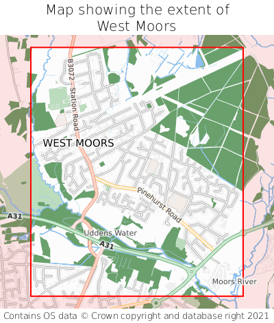 Map showing extent of West Moors as bounding box