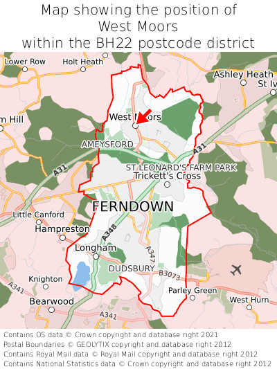 Map showing location of West Moors within BH22