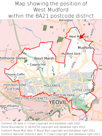 Map showing location of West Mudford within BA21