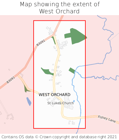 Map showing extent of West Orchard as bounding box