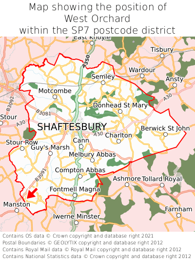 Map showing location of West Orchard within SP7