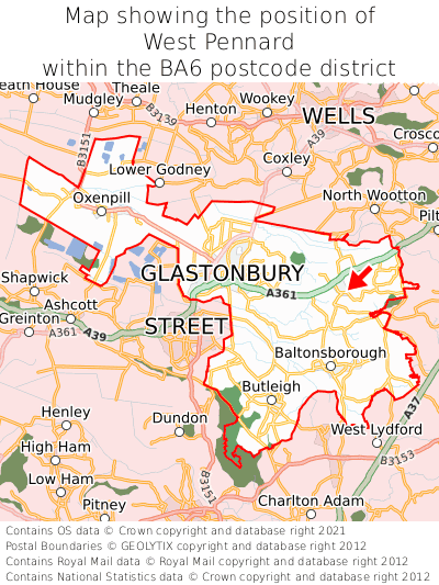 Map showing location of West Pennard within BA6