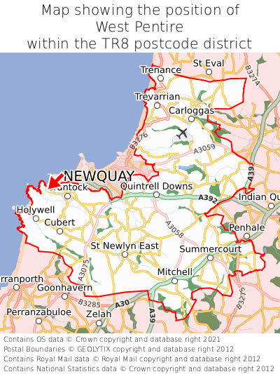 Map showing location of West Pentire within TR8