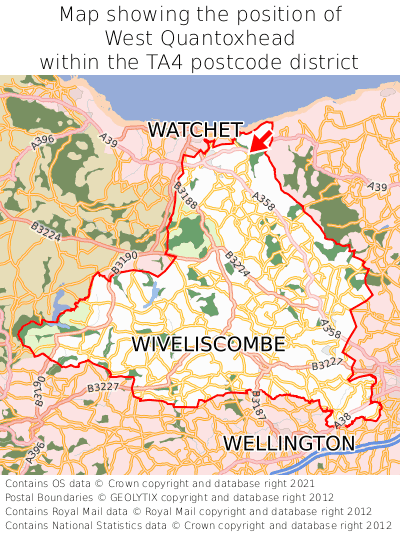 Map showing location of West Quantoxhead within TA4