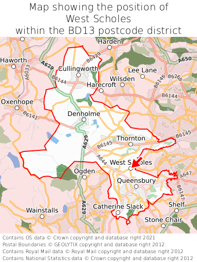 Map showing location of West Scholes within BD13