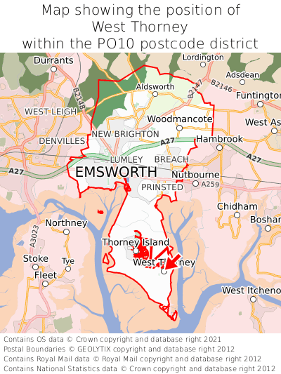 Map showing location of West Thorney within PO10