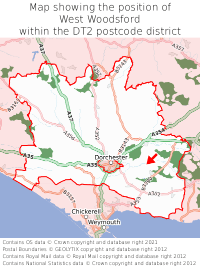 Map showing location of West Woodsford within DT2