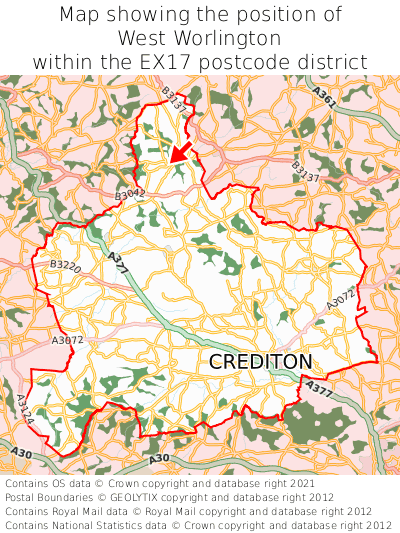 Map showing location of West Worlington within EX17