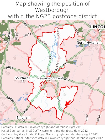 Map showing location of Westborough within NG23