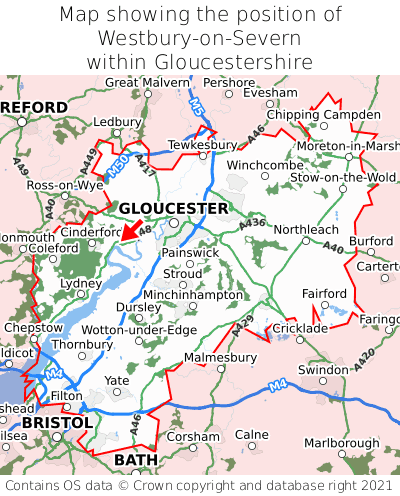 Map showing location of Westbury-on-Severn within Gloucestershire