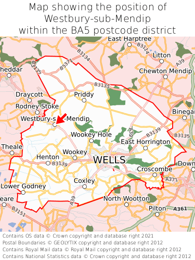 Map showing location of Westbury-sub-Mendip within BA5