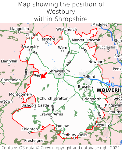 Map showing location of Westbury within Shropshire