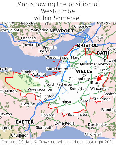 Map showing location of Westcombe within Somerset