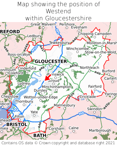 Map showing location of Westend within Gloucestershire