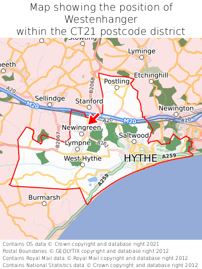Map showing location of Westenhanger within CT21