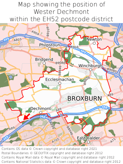 Map showing location of Wester Dechmont within EH52