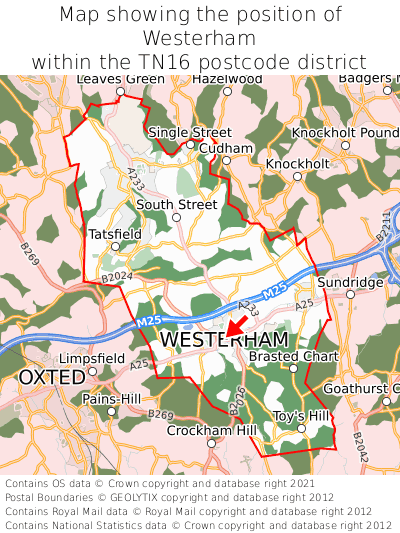Map showing location of Westerham within TN16