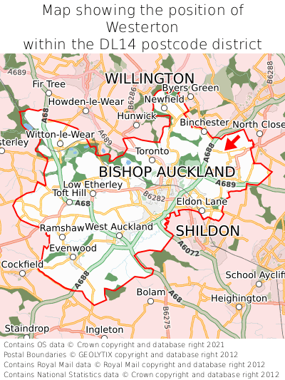 Map showing location of Westerton within DL14