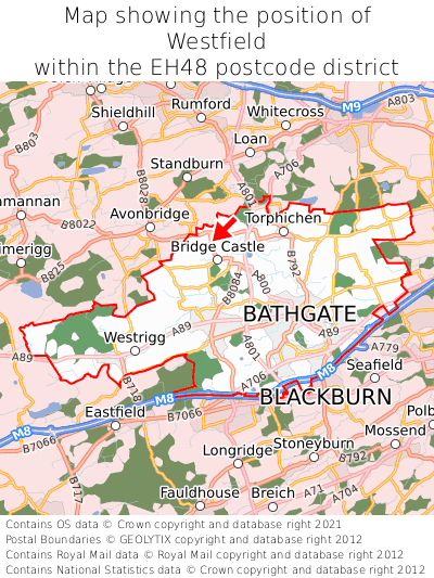 Map showing location of Westfield within EH48