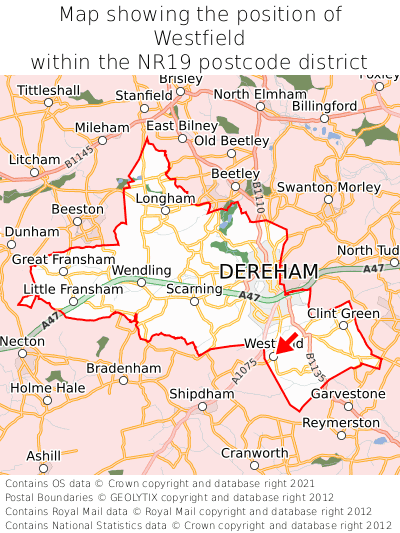 Map showing location of Westfield within NR19