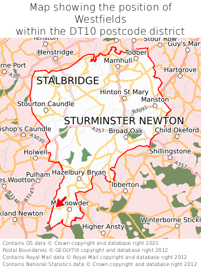 Map showing location of Westfields within DT10