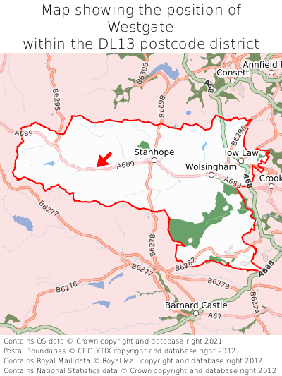 Map showing location of Westgate within DL13