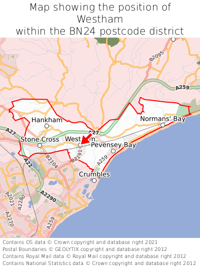 Map showing location of Westham within BN24