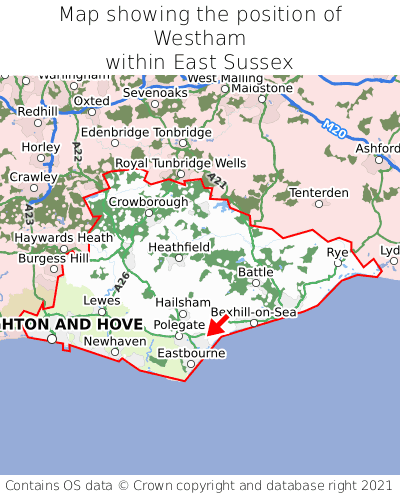 Map showing location of Westham within East Sussex