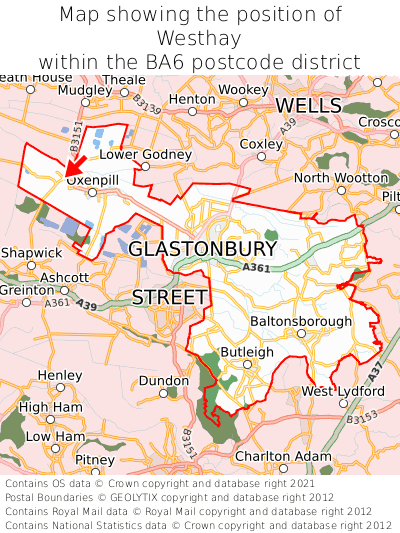 Map showing location of Westhay within BA6