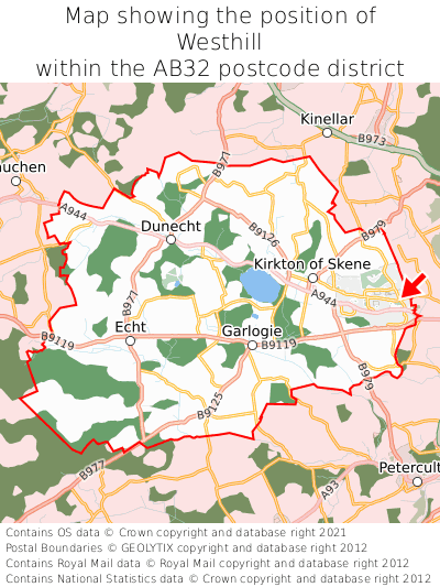 Map showing location of Westhill within AB32