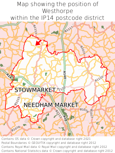 Map showing location of Westhorpe within IP14