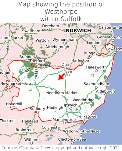 Map showing location of Westhorpe within Suffolk