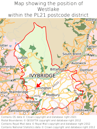Map showing location of Westlake within PL21
