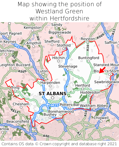 Map showing location of Westland Green within Hertfordshire