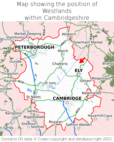 Map showing location of Westlands within Cambridgeshire