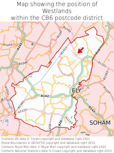 Map showing location of Westlands within CB6