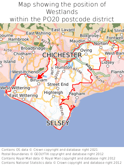 Map showing location of Westlands within PO20