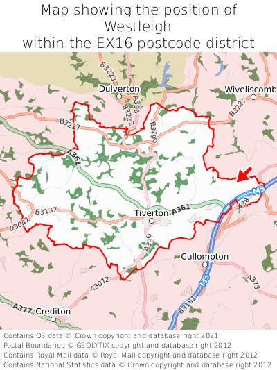 Map showing location of Westleigh within EX16