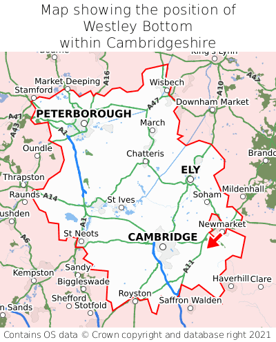 Map showing location of Westley Bottom within Cambridgeshire