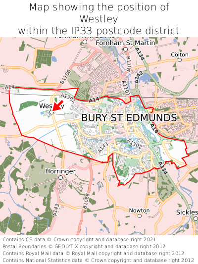 Map showing location of Westley within IP33