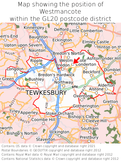 Map showing location of Westmancote within GL20